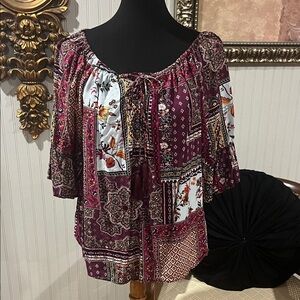 Bohemian Patchwork Blouse - Burgundy and Blue